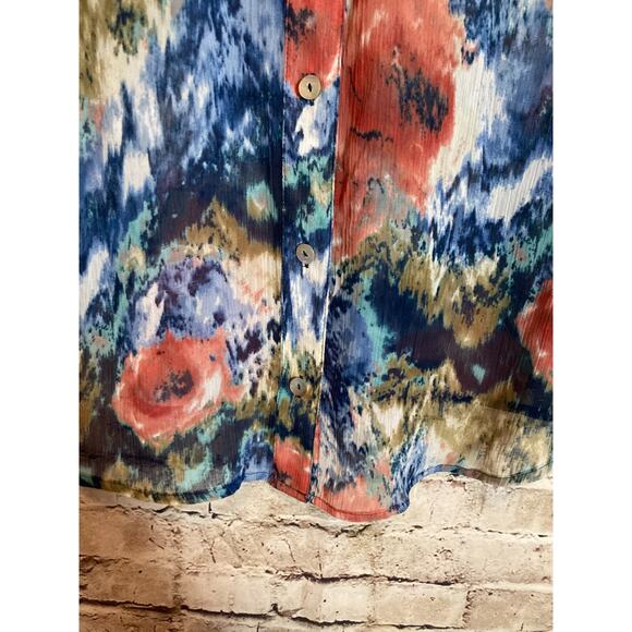 CJ Banks Top Womens 1X Watercolor Art To Wear Button Up Semi Sheer Artsy Flowy - Picture 7 of 14
